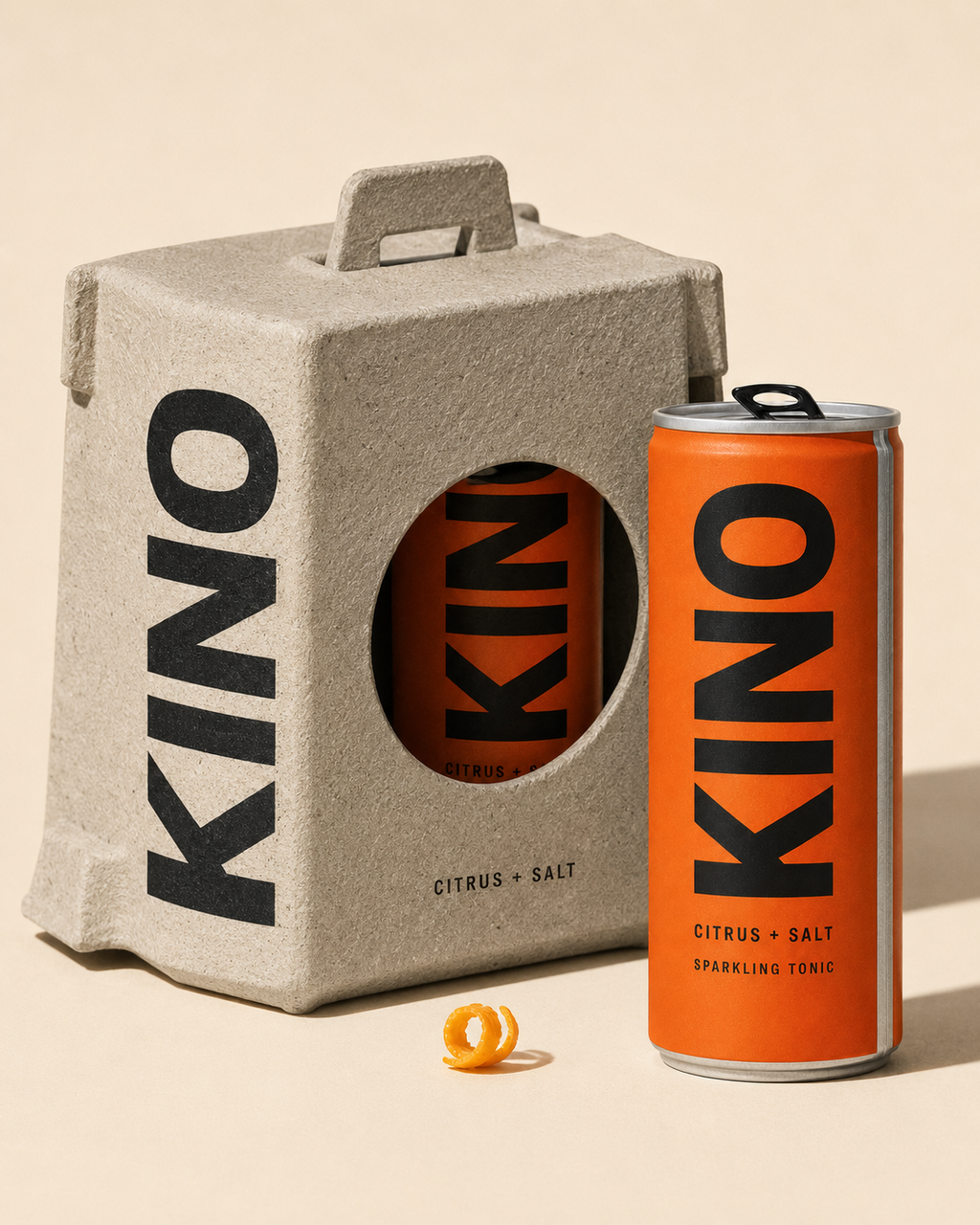 KINO can and raw molded-pulp four-can carrier