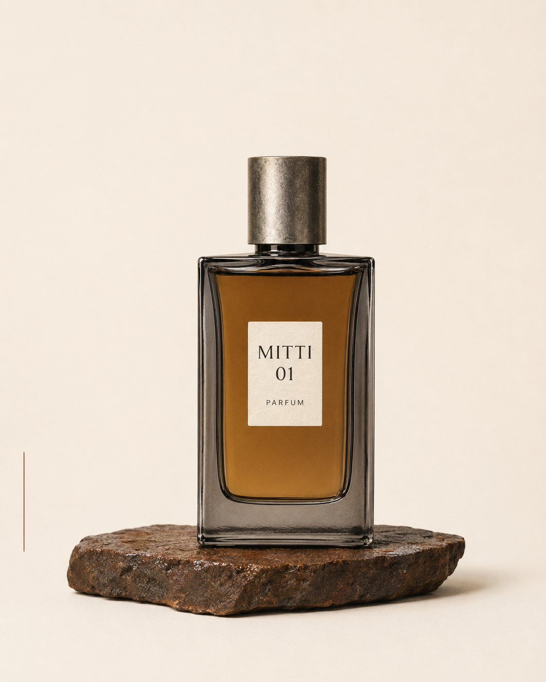 Clean MITTI 01 fragrance bottle packshot on mineral clay