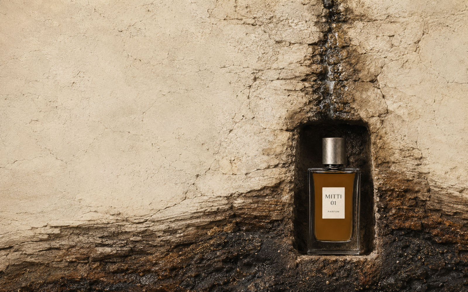MITTI fragrance revealed in a precise cavity within dry and rain-darkened earth