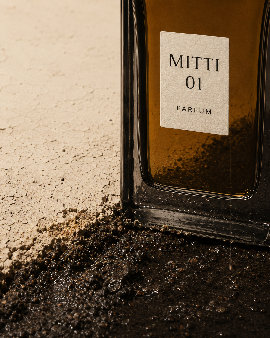 Close detail of MITTI bottle crossing dry clay and wet earth