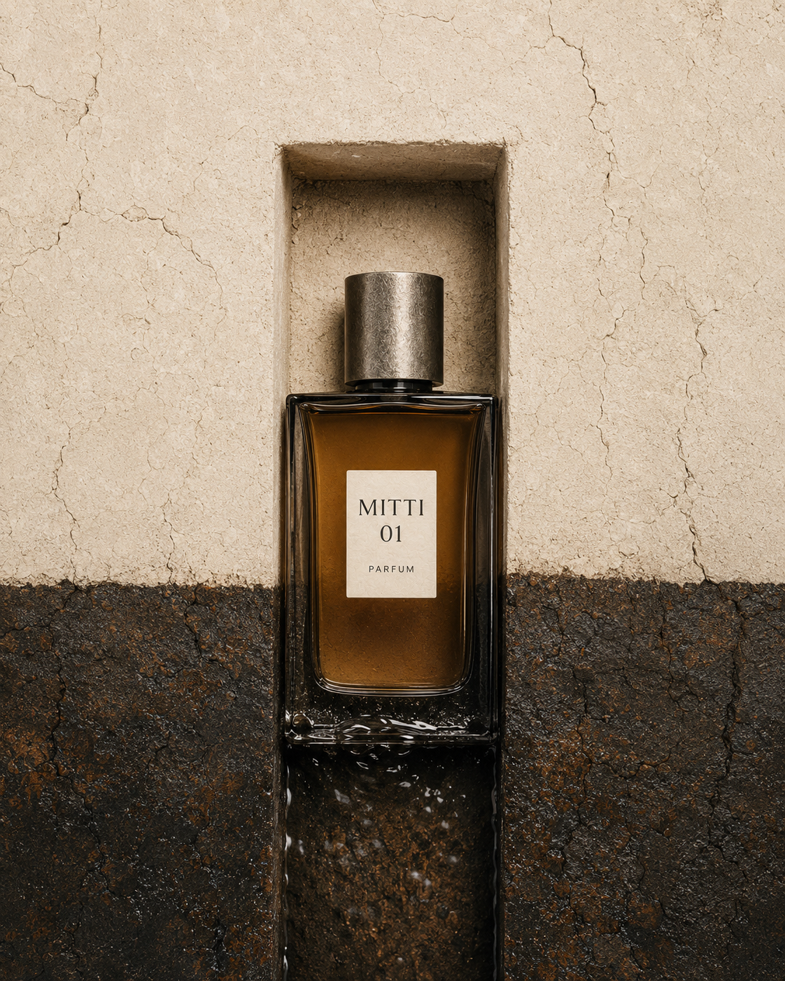 Top-down MITTI bottle aligned inside a narrow clay rain channel