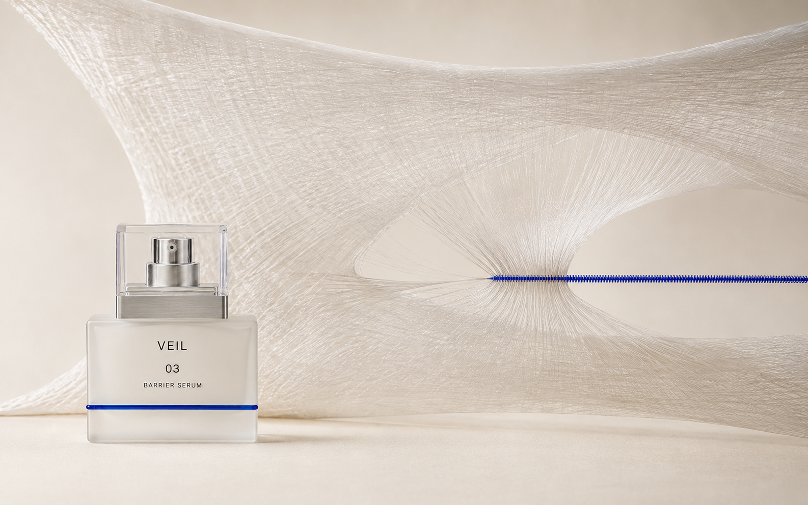 VEIL serum beside a monumental translucent membrane repairing along a cobalt seam