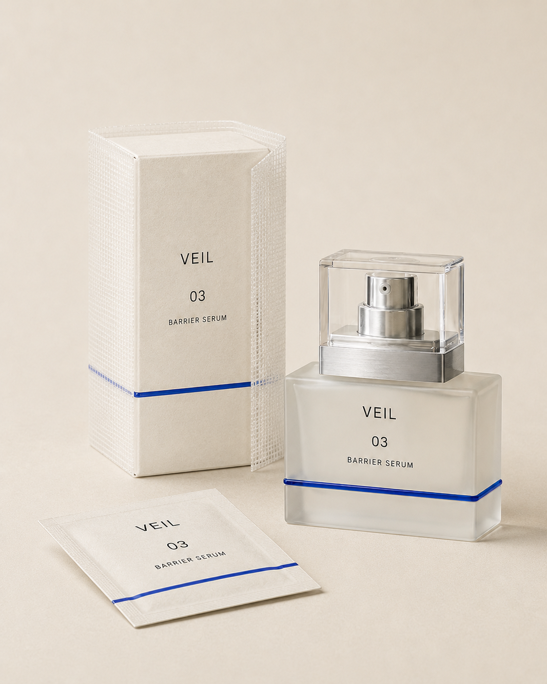 VEIL serum, carton and sample sachet with coordinated cobalt seams