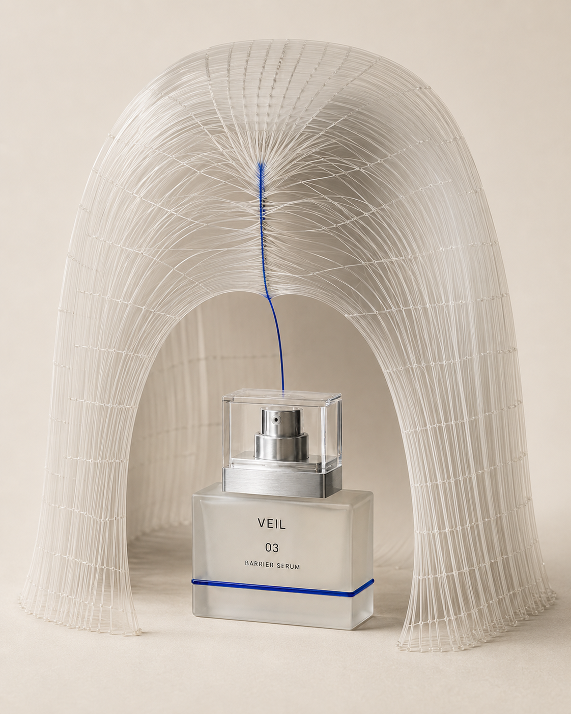 VEIL Barrier Serum protected inside a sculptural translucent fiber shell
